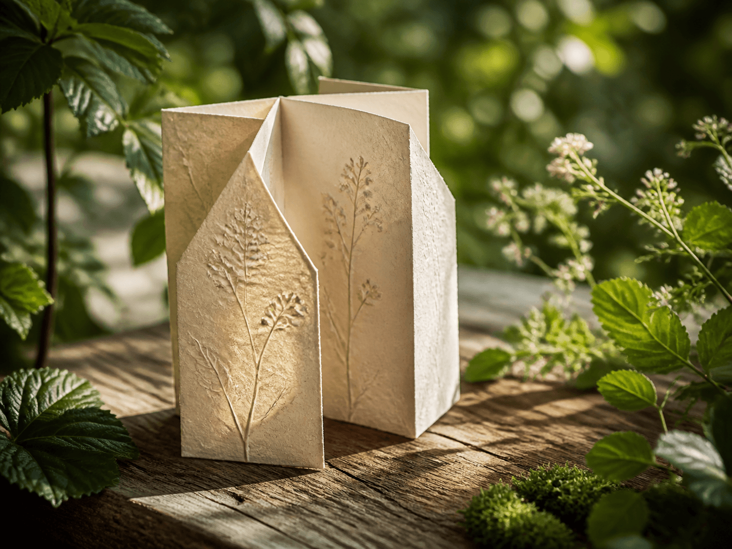 A sculptural paper lamp with pressed botanical details, surrounded by sunlit greenery