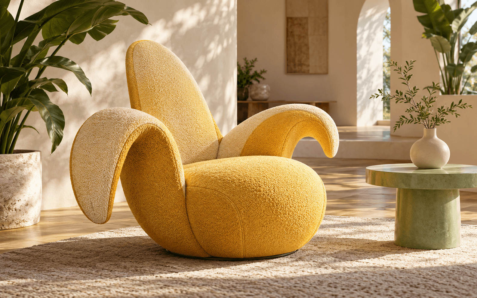 Ein gelber, von Bananen inspirierter Bouclé-Sessel neben einem blassgrünen Tisch in einem hellen, pflanzenreichen Raum
