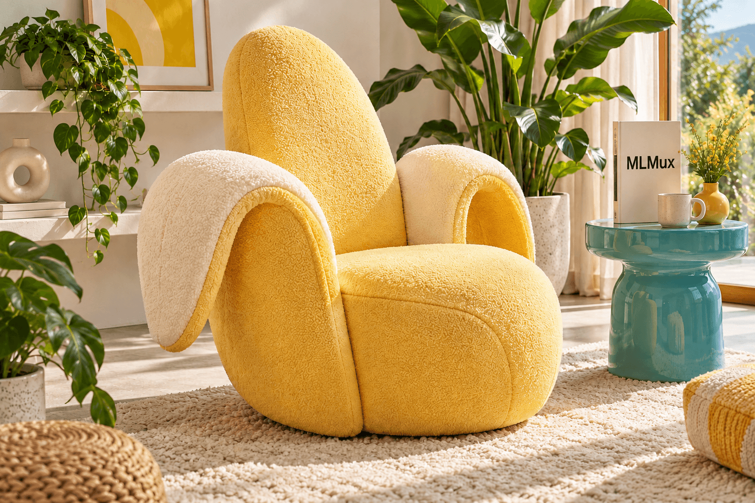 A textured banana-shaped armchair beside a turquoise table and a cream book printed with MLMux