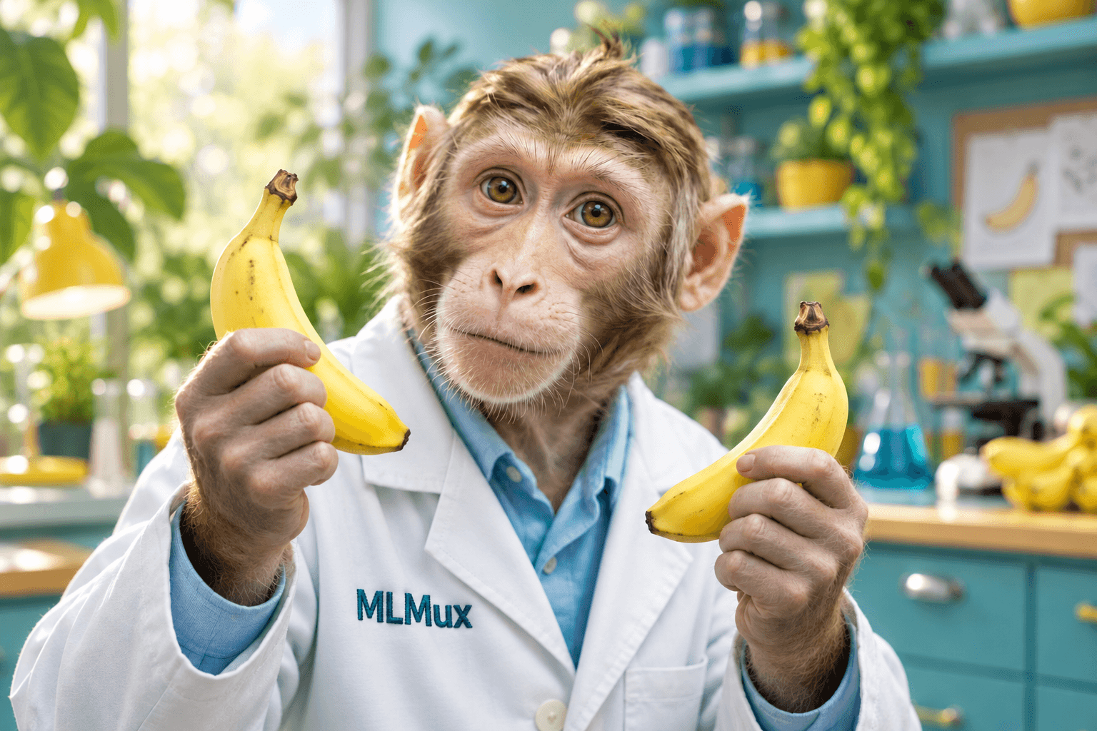 A curious macaque wearing a lab coat with MLMux chest embroidery and holding two bananas in a creative studio