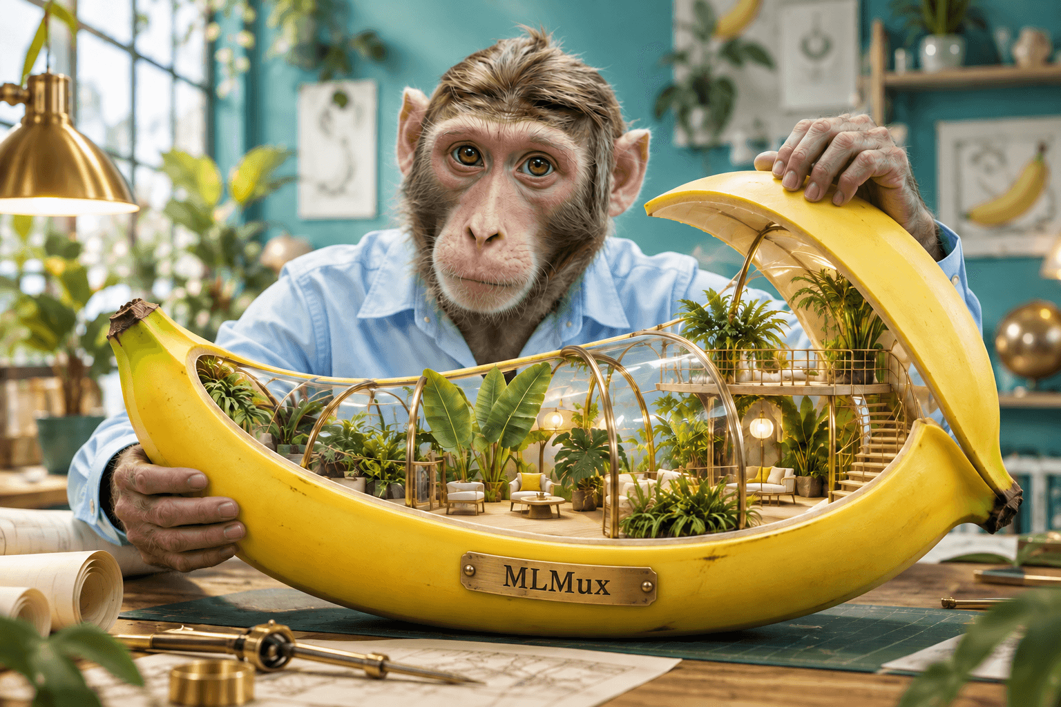 A macaque presenting a detailed banana-shaped miniature glasshouse with an engraved brass MLMux maker's plate