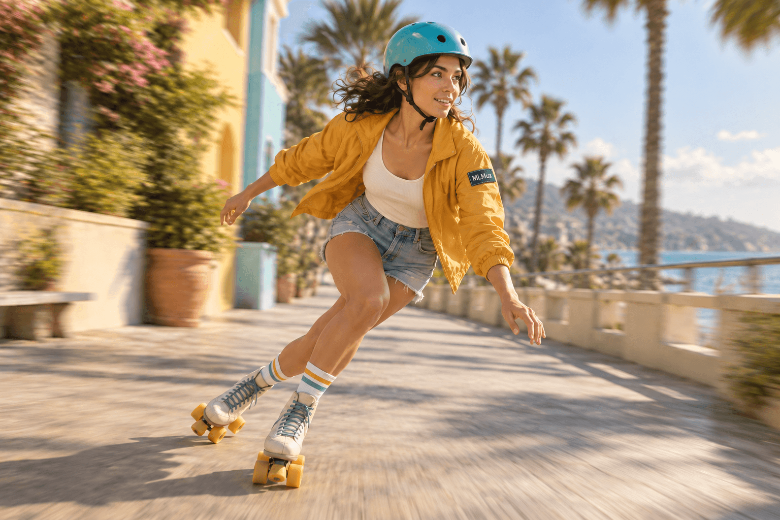 A roller skater wearing an amber jacket with a sewn MLMux sleeve patch and a turquoise helmet, an action concept still