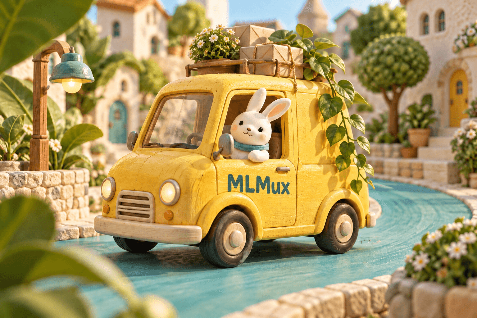 A miniature yellow delivery van with MLMux painted on its door and a ceramic rabbit in a botanical toy town, an animation concept still